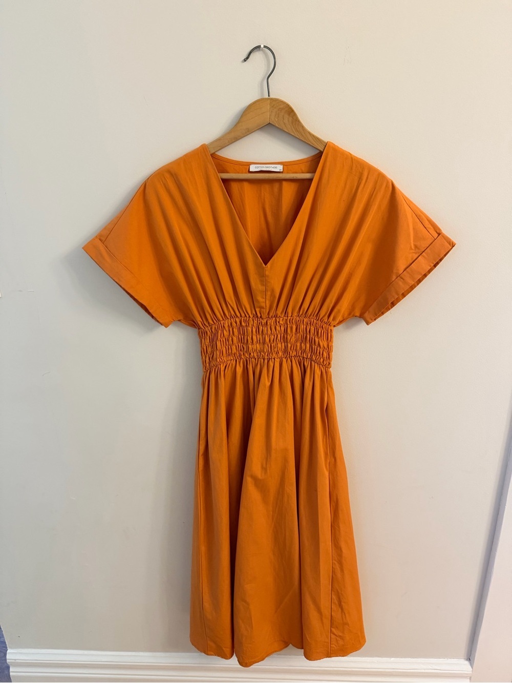 100% cotton Women's Orange V-Neck Smocked Waist Dress